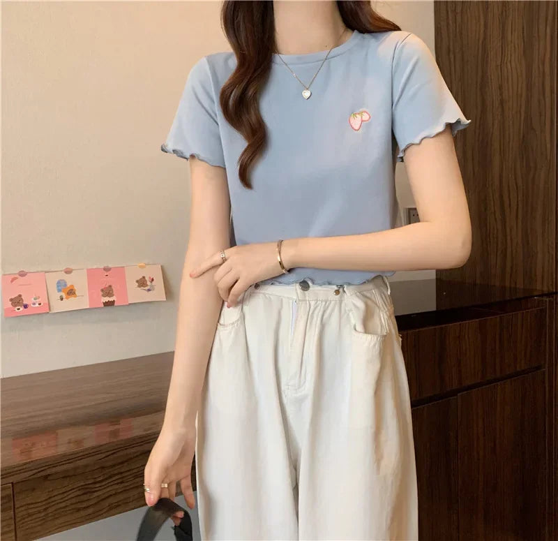 Summer Embroidered Short T-shirt Women Wooden Edge Irregular Slim Short Sleeve Top Plant Pattern Fiber Fabric Elegant Style