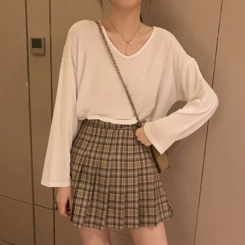 Pure Color V-neck Long Sleeve T-shirt Women Spring Summer Women Clothing Loose Student Early Autumn Top