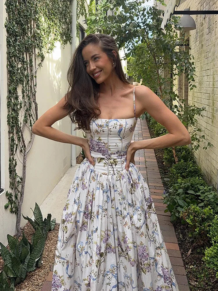Chic Flower Print A-line Maxi Dress Women Elegant High Waist Strapless Backless Slim Vestidos 2025 Lady Summer Vacation Robes