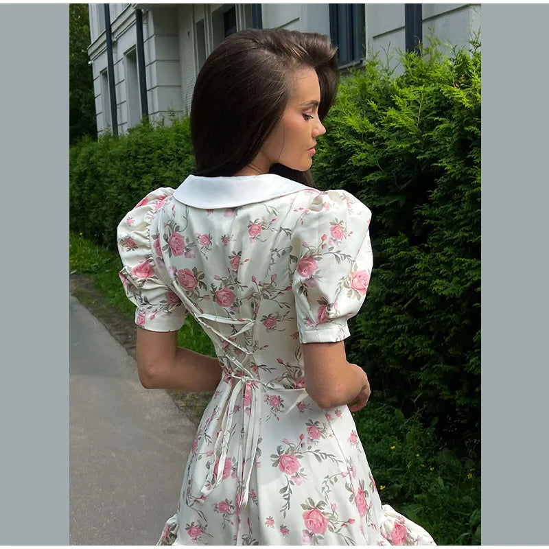 Chic Flower Print A-line Maxi Dress Women Elegant High Waist Strapless Backless Slim Vestidos 2025 Lady Summer Vacation Robes