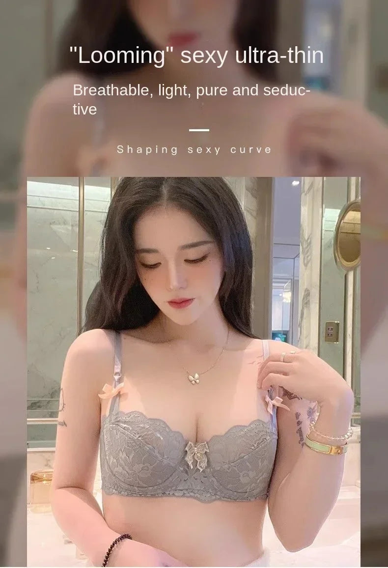 MOYISU Rabbit Ear AB Cup Pure Desire Girl Bra Set | Pull-up Bra with Bow | Breathable French lace Bra | Anti-slip Cup Date Night
