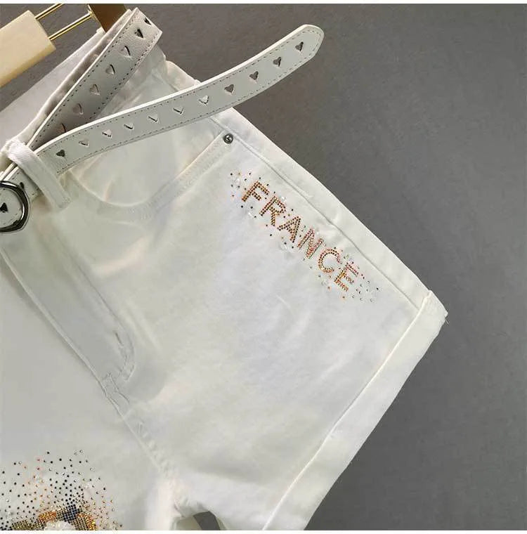 White Denim Shorts Women's 2023 Summer New European Station Loose High Waist Hot Pants Fashion Letter Diamond Jean Pants Ladies