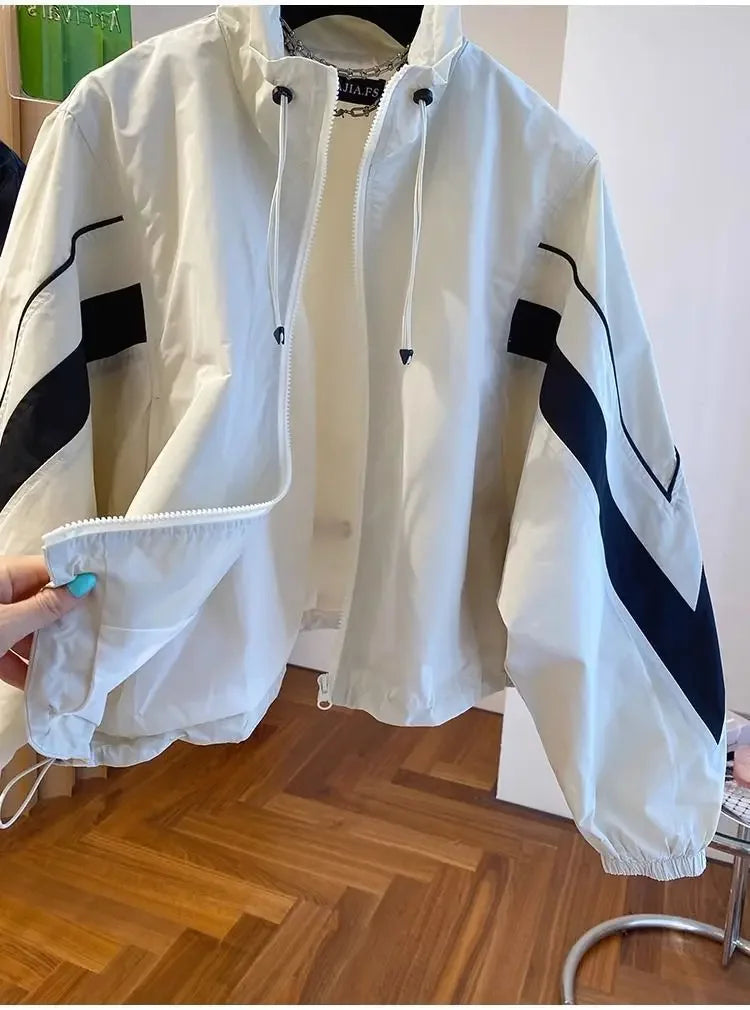 2024 New Design SensibilityNiche Loose-Fit Casual Drawstring Stand Collar Jacket Women's Spring Autumn Baseball Uniform