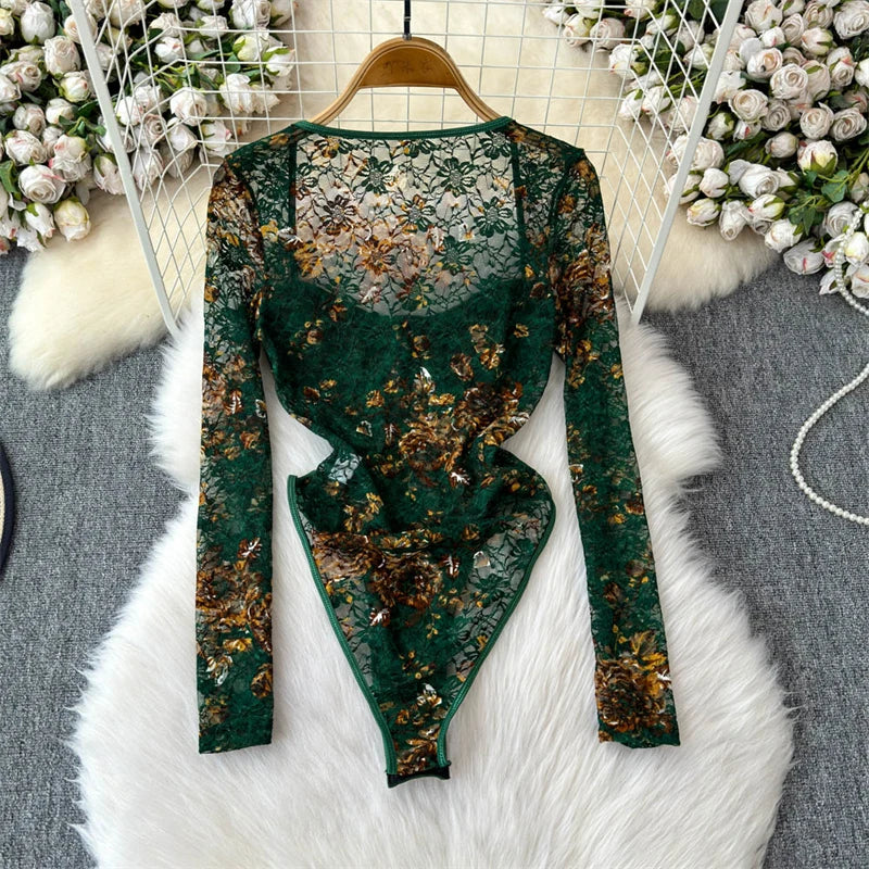 Women's Green Lace Jumpsuits Vintage Skinny Playsuits Harajuku Long Sleeve Square Collar Exotic Sexy Rompers Coquette Clothes