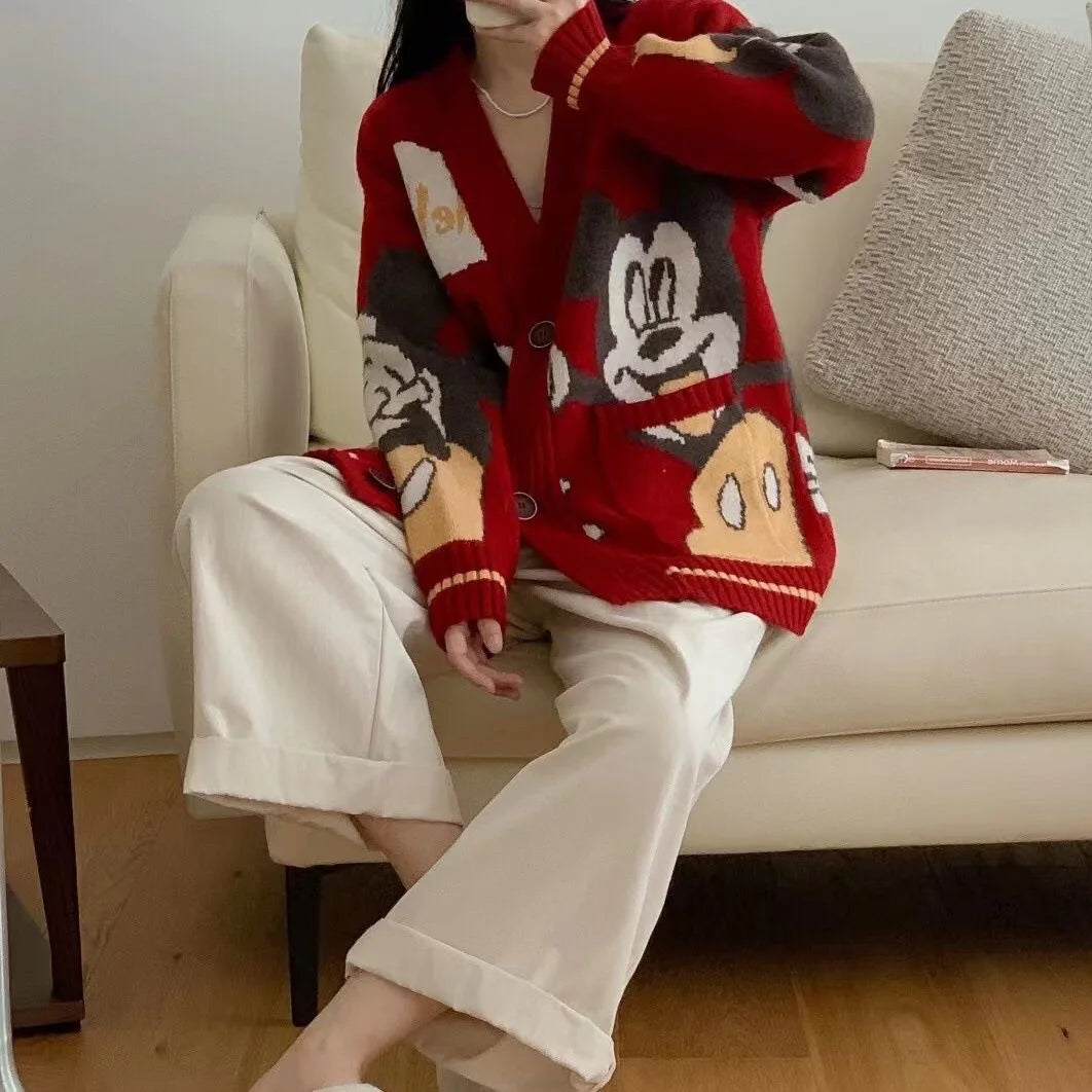 Disney Knitted Cardigan Japanese Donald Cartoon Sweaters for Women Coat Female Autumn and Winter Loose Wild Thicken Kawaii Tops