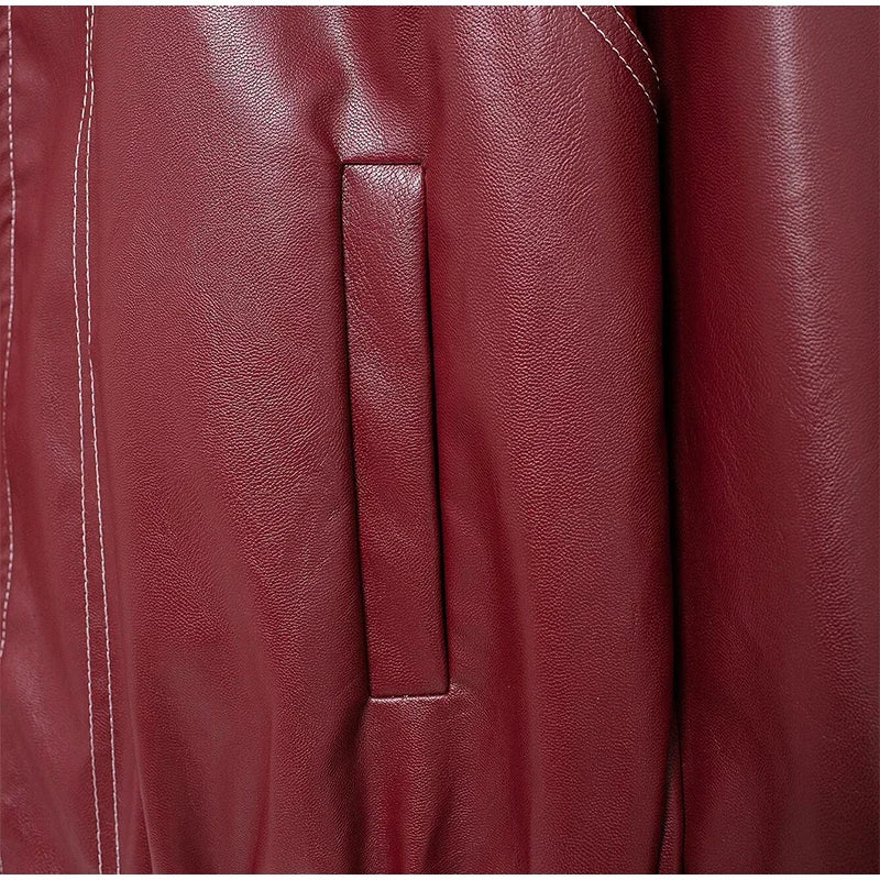 Women's Artificial Leather Short Jacket Retro Red Linen Coat Spliced Zipper Jacket Autumn Women's Lapel Pocket Street Sportswear