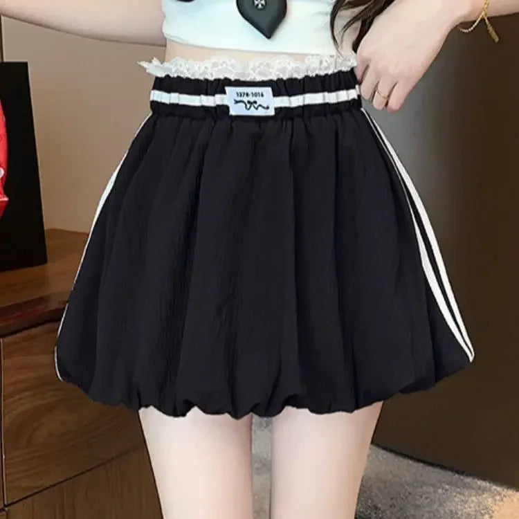 American Style Spliced Lace Stripe High Waist Half Skirt Women Summer Anti Exposure Flower Bud Puffy Short Skirt Polyester Fiber