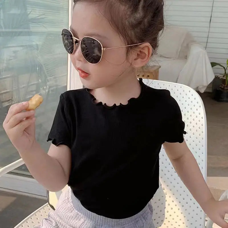 Girls Casual Ice Silk Short Sleeved T-shirt Summer Children Ear Edge Top 2-10 Years Old Girl Versatile Half Sleeved Clothes