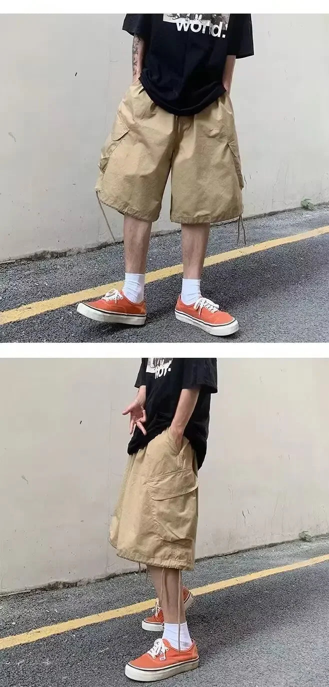 Loose Casual Men's Workwear Shorts Summer Wide Leg Drawstring Five-Quarter Pants Retro Japanese Style Outerwear Shorts