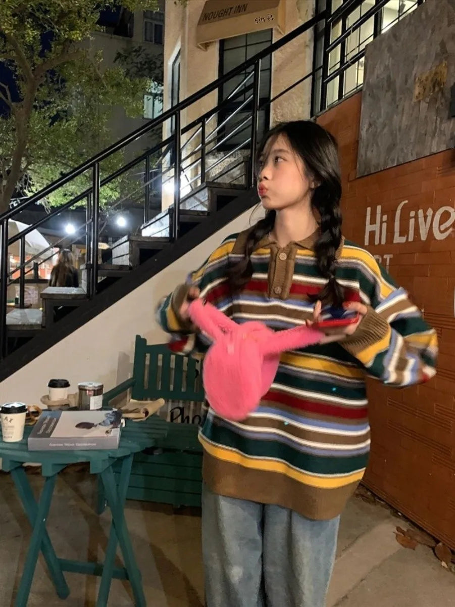 Retro Lazy Sle Women's  Ne Sweater Spring Autumn Loose  Stripes Knitted Top Comfortable Breathable Warmth