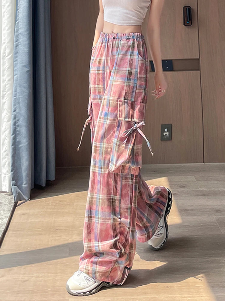 Zoki Women Streetwear Plaid Cargo Pant Vintage Loose High Waist Pockets Trousers Y2K American Casual Hip Hop Lace Up Bf Pants