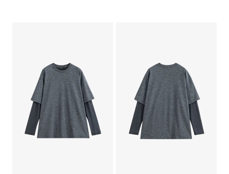 TOYOUTH Women T shirt 2025 Spring New Fake Two Piece Printed Round Neck Fashionable Pullover T shirt