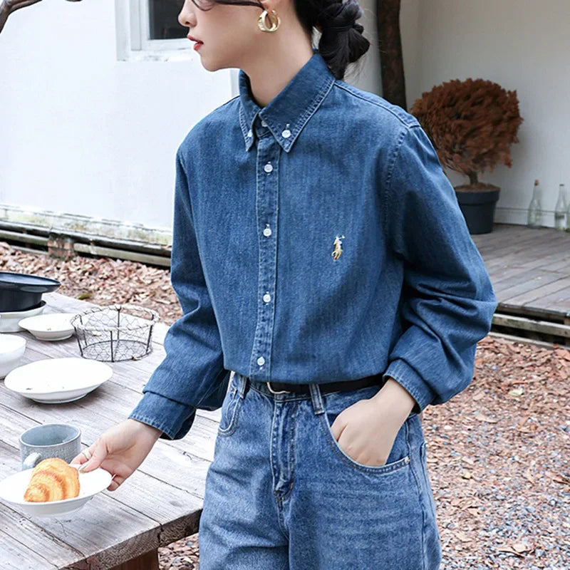 2024 American Style Vintage Denim Shirt Women's Zhengxiu Crystal Same Style Small Horse Embroidery Casual Jacket Shirt