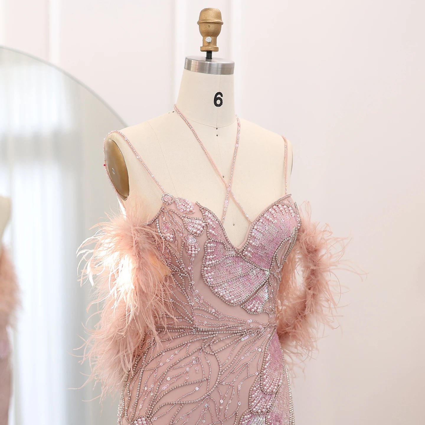 Sharon Said Luxury Mermaid Pink Evening Dresses with Feathers Scarf Straps Dubai Women Blue Wedding Prom Gowns SS478 Customized