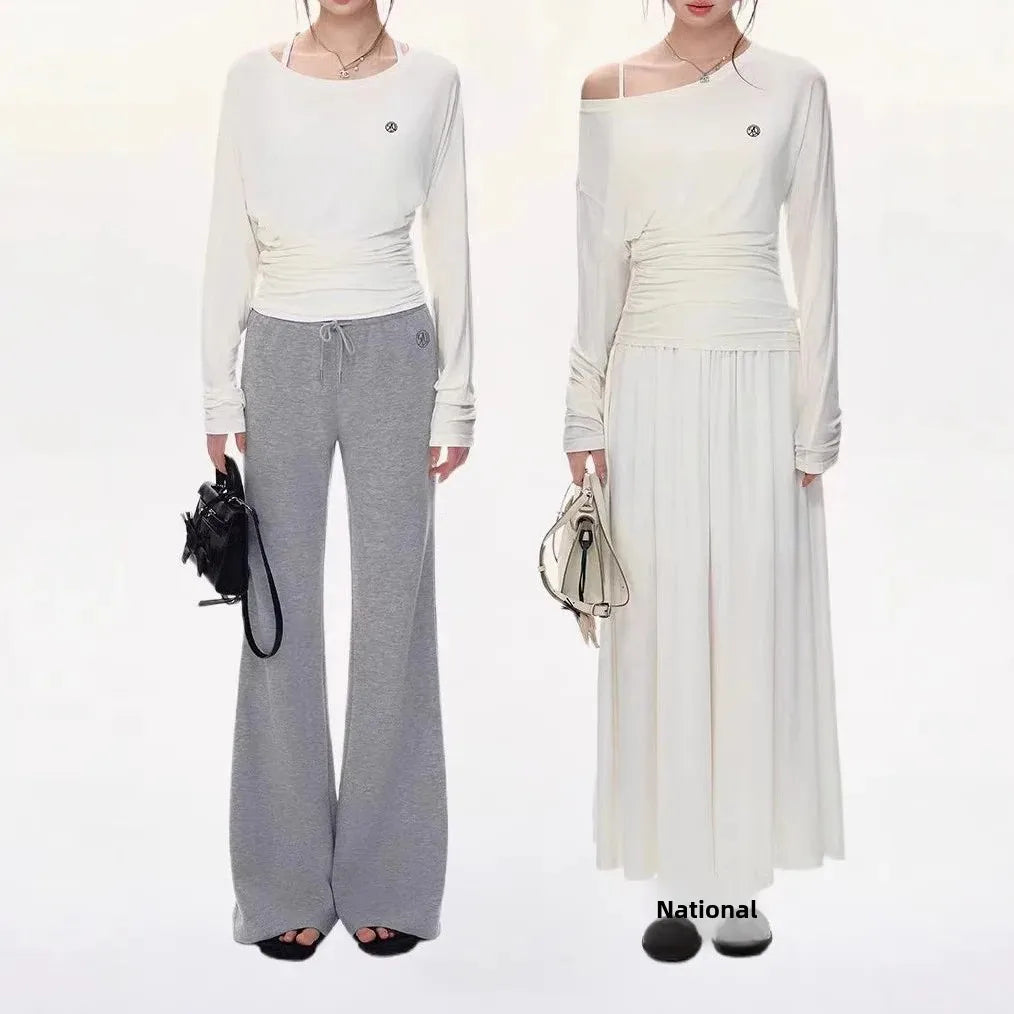 Original Andyet AD1 Long Sleeve T-Shirt One Shoulder Fashion Sunshade Loose Fit Versatile Waist Cinched Casual Polyester Fiber