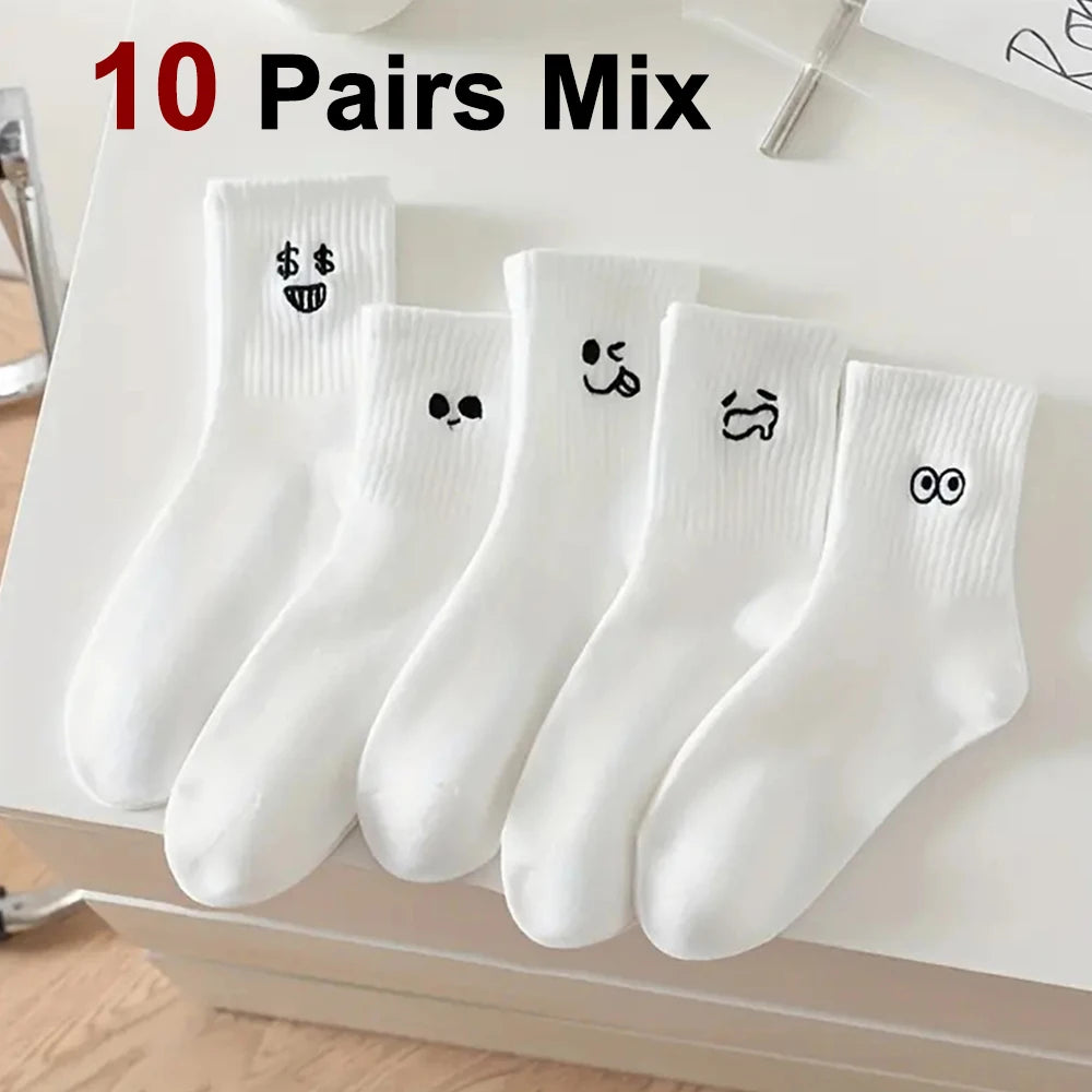 5/10 Pairs Women White Cartoon Socks Trendy Versatile Expression Socks Simple Design Soft Breathable Comfortable Casual Socks