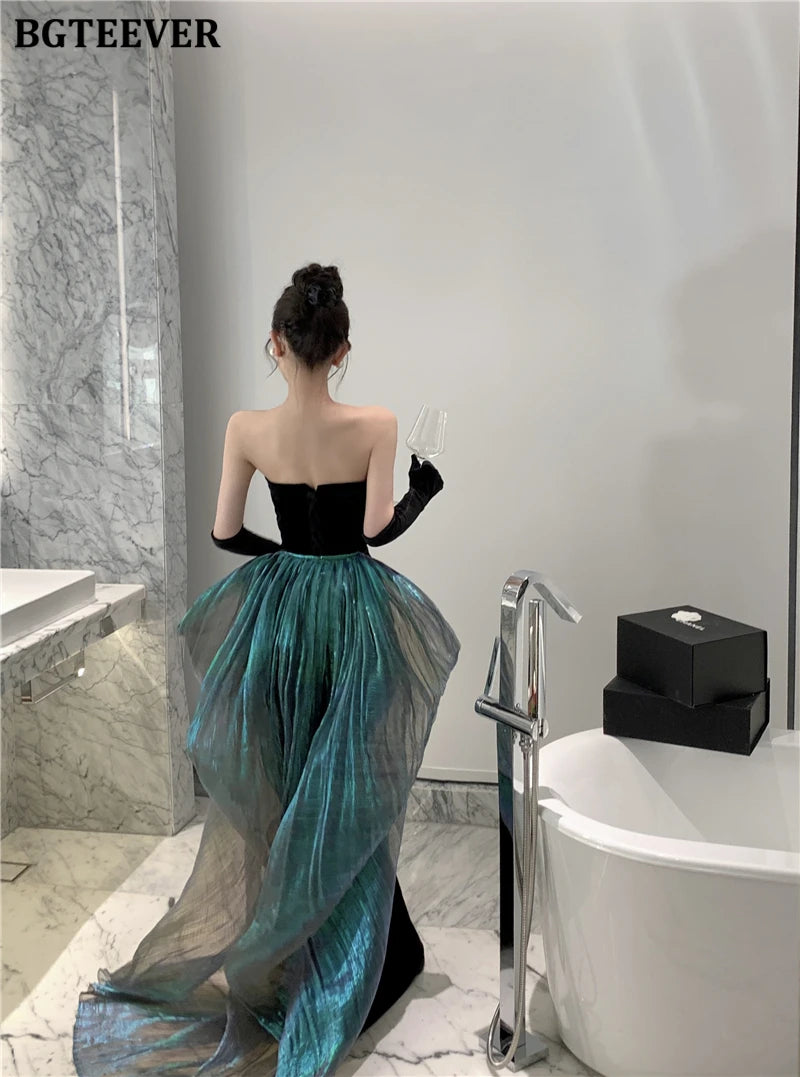 BGTEEVER Fashion Spring Ladies Sleeveless Party Velvet Dress Elegant Slim Waist Women Floor-Length Package Hip Strapless Dress