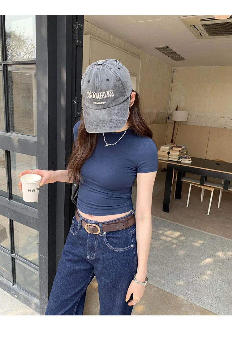 Basic Solid Crop Top Short Sleeve Crewneck Skinny T-shirt Summer Casual Tee for Women y2k Vintage Top Harajuku Streetwear