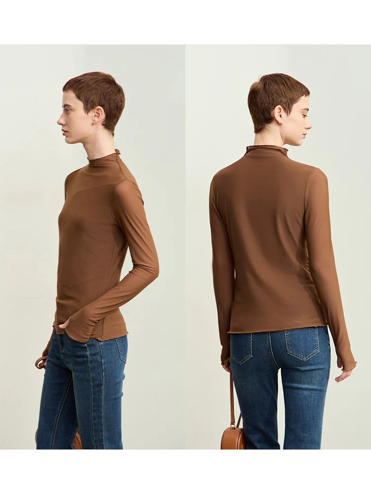 Amii Minimalism Mesh T-shirts For Women 2025 Spring New Office Lady Half-high Neck Micro Perspective Slim Retro Shirt 12423055