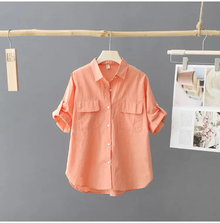 Summer Korean Style Solid Cotton Chic Women's Shirt Casual Loose All Match Office Lady Blouse Female Short Sleeve Blusas Mujer