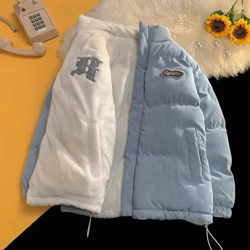 Fog Blue Cotton-padded Coat Men's Winter Thickened Hong Kong Style Corduroy Cotton Jacket Design Sensibility Niche 2023 Workwear