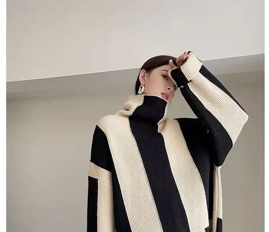 High-crowned Lazy Style Black White Stripe Wool Coat Women Autumn Winter Outdoor Warm Soft Cover Knitted Top Thick