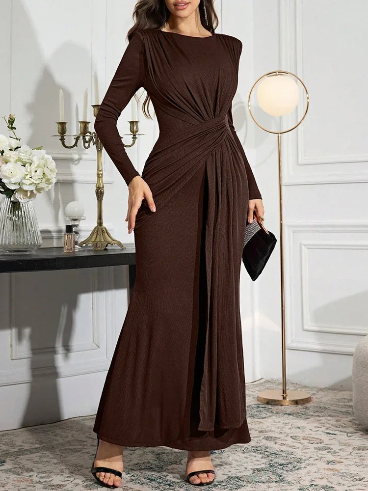 Rafiah Women's Long Sleeve Asymmetrical Wrapped Design Even Dress Jalabiyas Dress in Burgundy with Round-Neck Solid Color