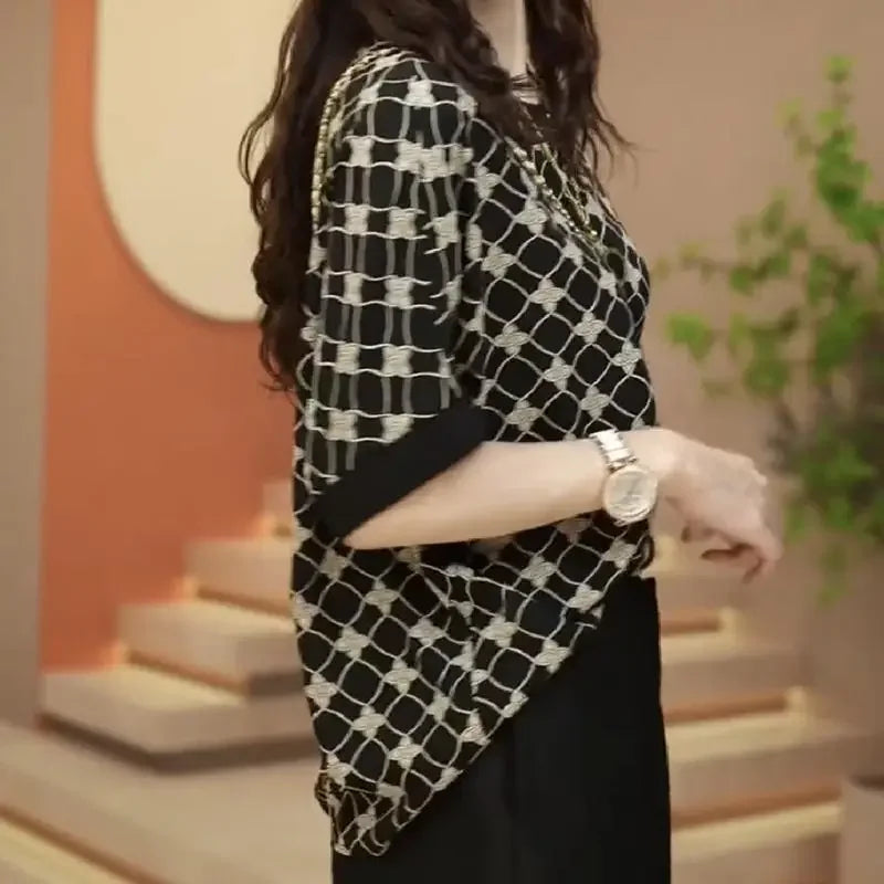 Vintage Fashion Summer Women's O-Neck Printing Screw Thread Patchwork Batwing Sleeve Temperament Versatile Loose T-Shirts Tops