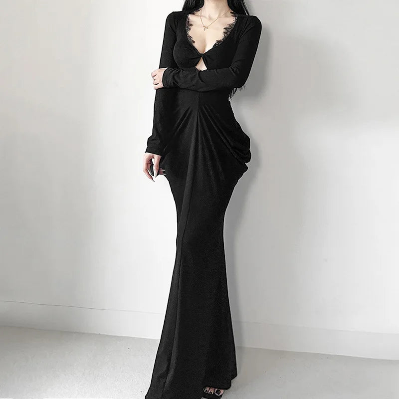 AltGoth Fairycore Grunge Elegant Midi Dress Women Mall Gothic Sexy Lace Patchwork Hollow Out Long Sleeve High Waist Corset Dress