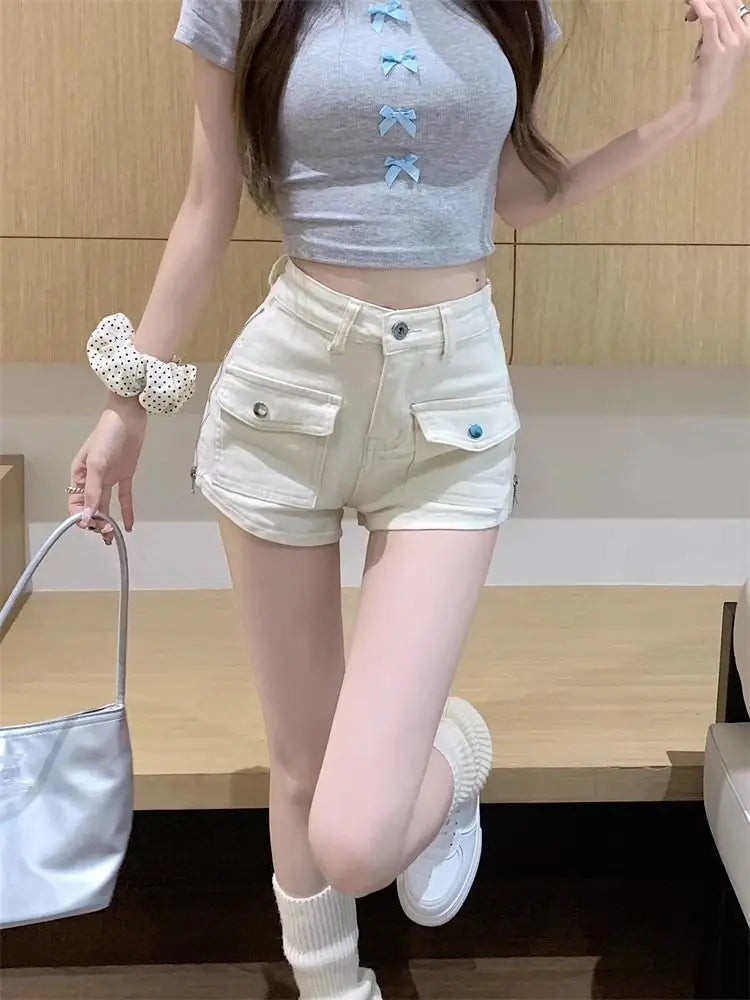 Sexy Hottie Slim Denim Shorts Women Summer Simplicity Office Lady Solid Color Cargo Fashion High Waist Appear Thin Wide Leg