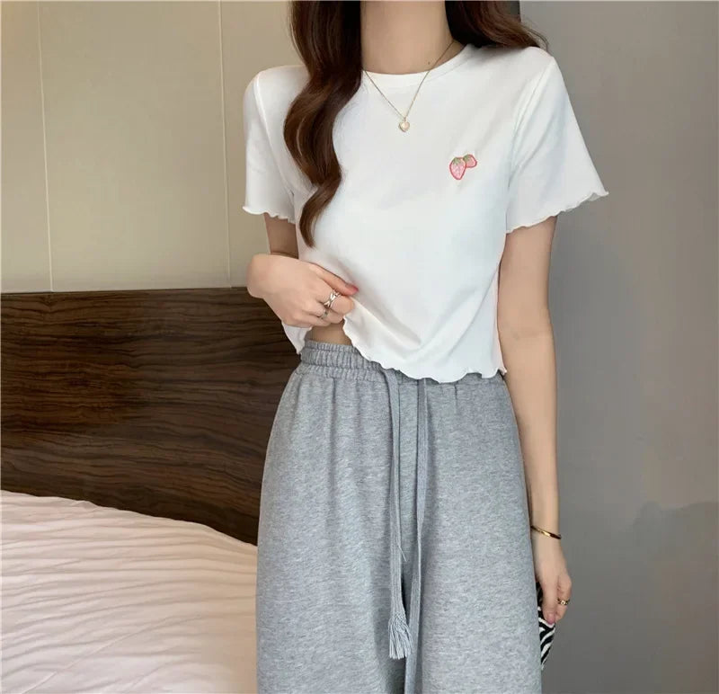 Summer Embroidered Short T-shirt Women Wooden Edge Irregular Slim Short Sleeve Top Plant Pattern Fiber Fabric Elegant Style