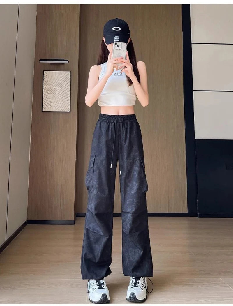 Zoki Tie Dye Streetwear Cargo Pant Women Vintage Loose High Waist Y2K Trousers Harajuku American Casual Summer Bf Wide Leg Pants