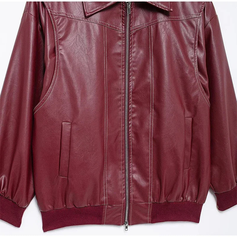 Women's Artificial Leather Short Jacket Retro Red Linen Coat Spliced Zipper Jacket Autumn Women's Lapel Pocket Street Sportswear