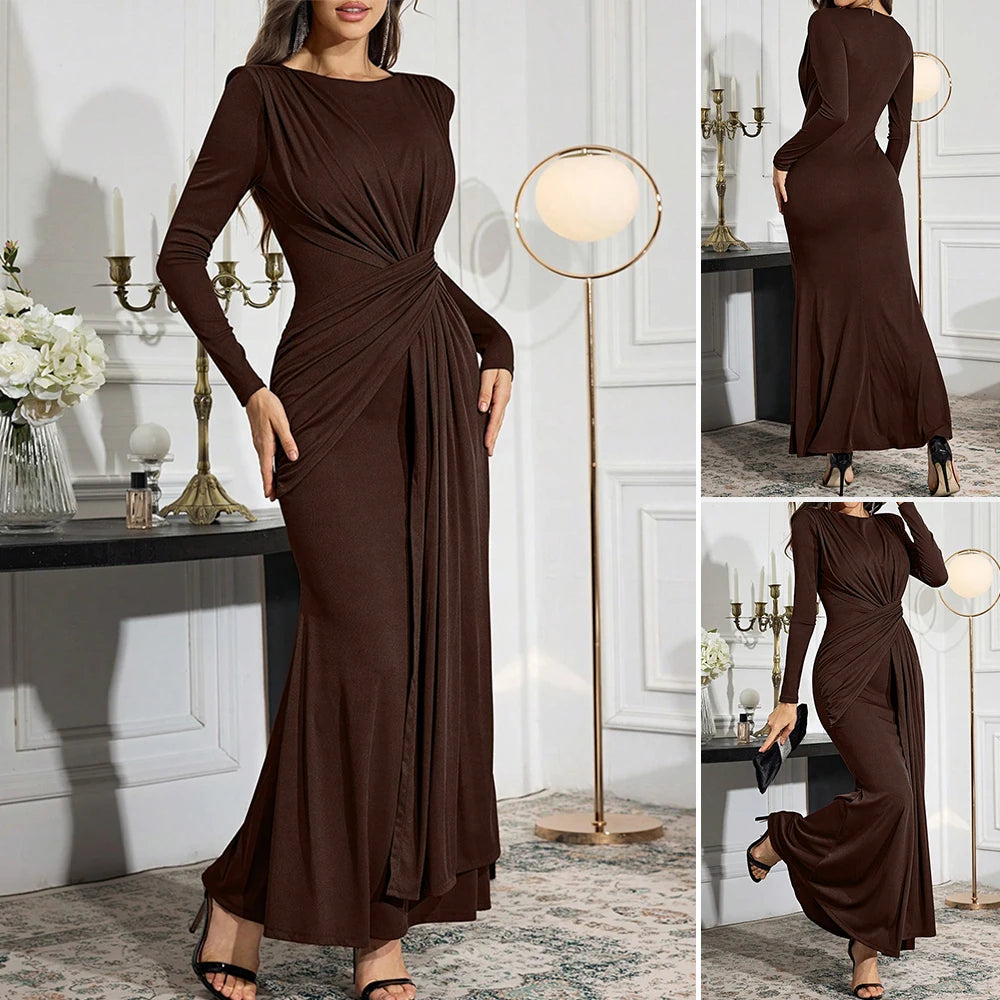 Rafiah Women's Long Sleeve Asymmetrical Wrapped Design Even Dress Jalabiyas Dress in Burgundy with Round-Neck Solid Color