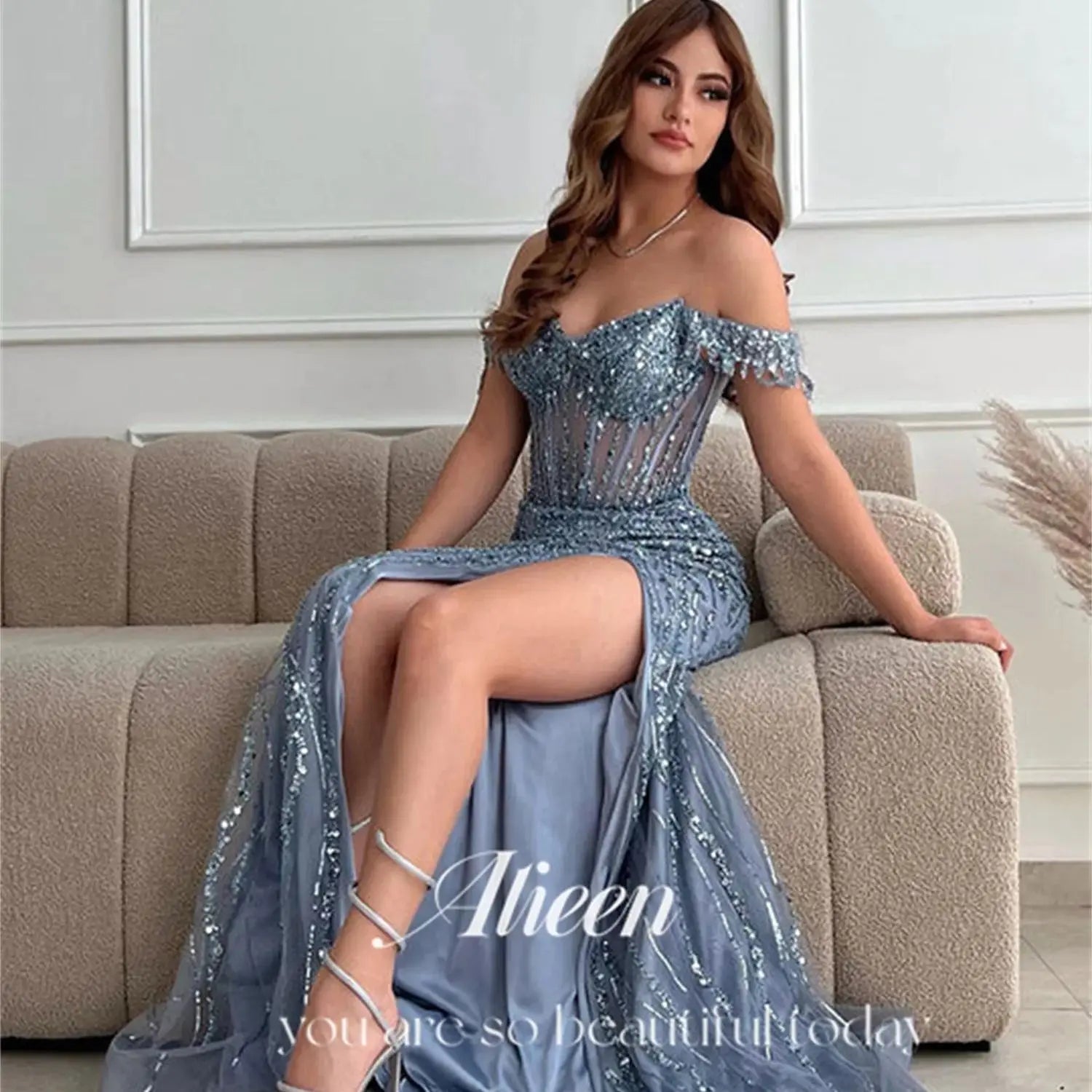 Off the Shoulders Mermaid Gray Blue Beads Dresses for Dancing Parties High Quality Luxury Dress customized Women Elegant Party