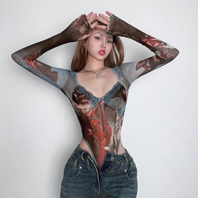 Rockmore  Vintage Printed Mesh Bodysuits Women Lace Bow Square Neck High Waist Wrapping Long Sleeve Bodysuit Halloween Christmas