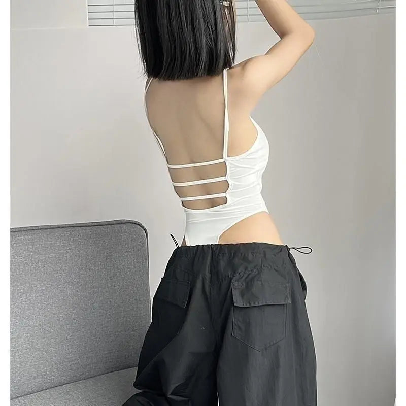 Solid Backless Camis Women Summer with Chest Pad Hollow Out Crotchless Top Sexy American Style Hotsweet Streetwear Slim Thin