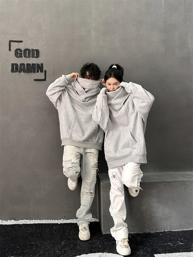 Autumn Solid Color Ninja Turtleneck Hoodies For Men Y2K Vintage Fleece Sweatshirts Hip Hop Japanese Streetwear Oversized Hoodie