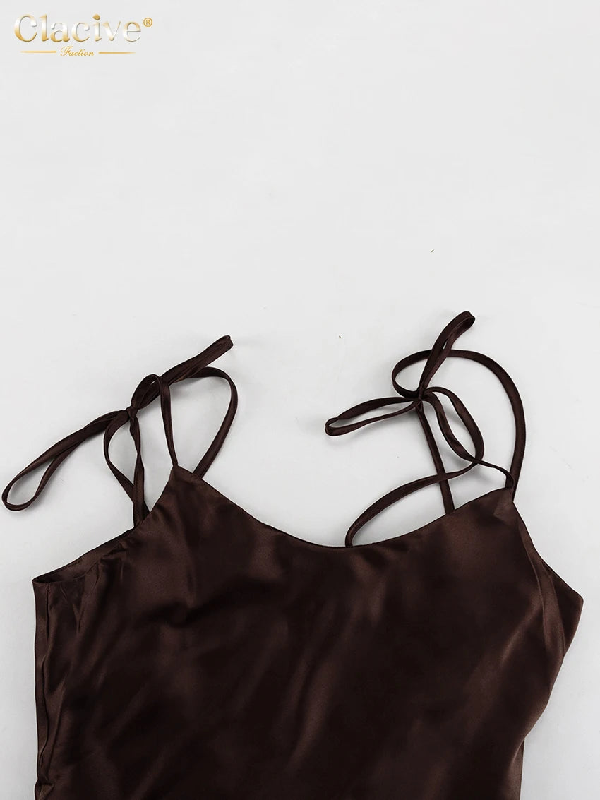 Clacive Fashion Loose Brown Satin Womens Dresses 2025 Summer Strap Sleeveless Floor Length Dress Sexy Backless Female Dress