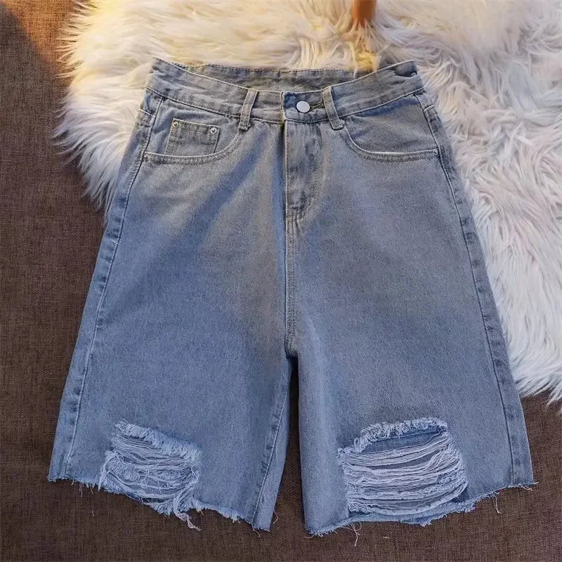 Design Sensibility Denim Cotton Shorts 2023 Summer Petite Straight-Leg Medium Length Wide Leg Casual Style Women's Trousers