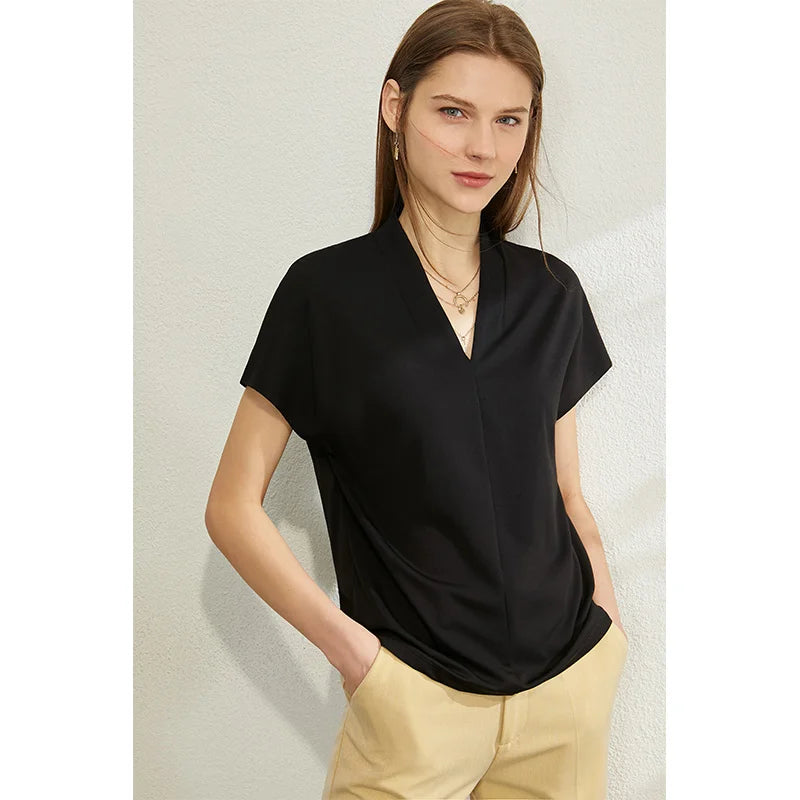 AMII Minimalism 2023 Summer Women's T-shirt Classic Style Casual V-neck Short Sleeve Solid Stretch Female Tops & Tees 12312013