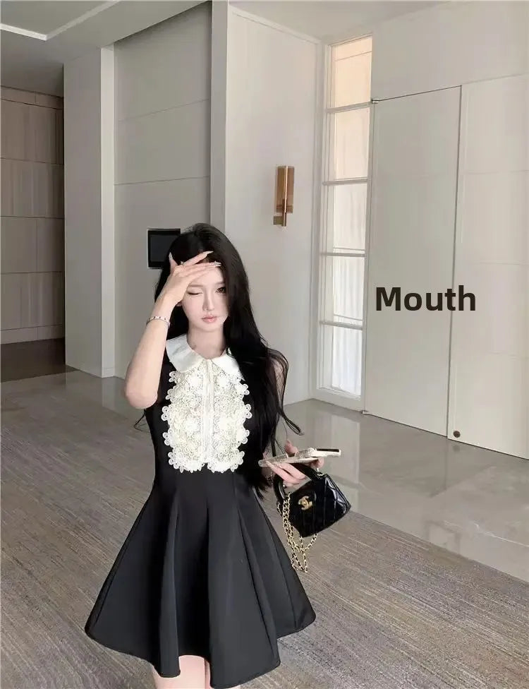 French Style Lace Doll Collar Vest Dress Women Summer Mini Skirt Waist Cinching Sleeveless Black Dress Polo Neckline Polyester F