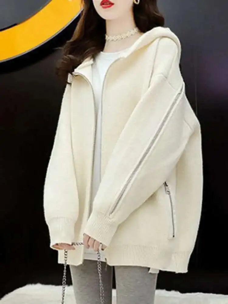 [EWQ] Big Size Long Sleeve Hooded Zipper Decorate Blue Knit Cardigan Women Thick Sweater Jacket 2024 Autumn New Fashion 16O2559