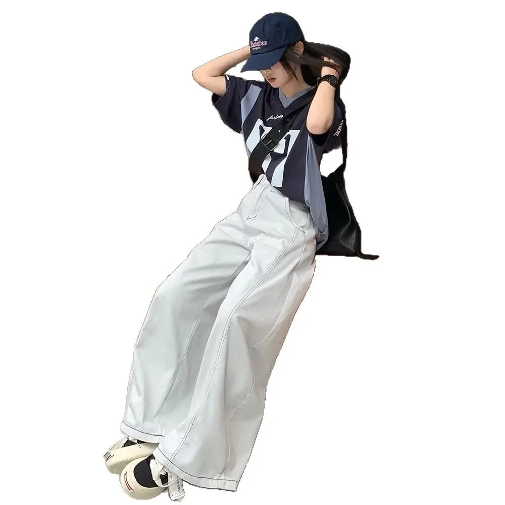 Men's Summer High Waist Straight Leg Jeans Slimming Loose Wide Leg Pants Retro Knife Edge Design Casual Fashion