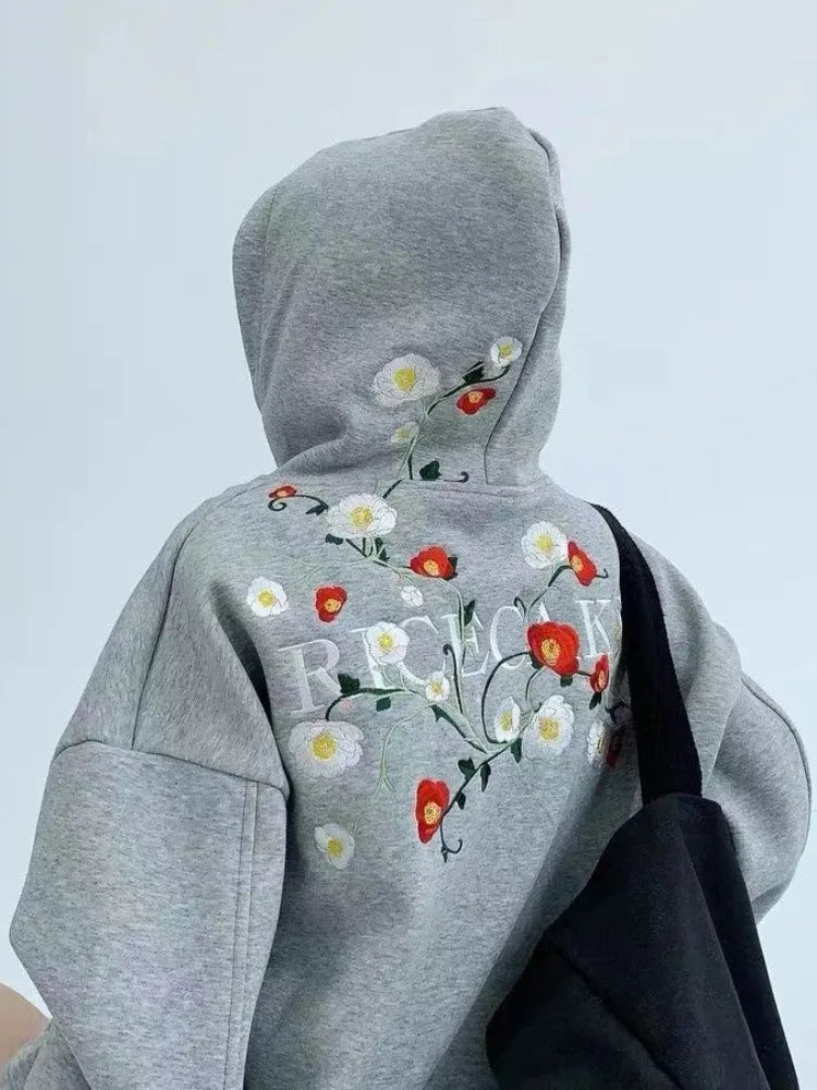 Hikigawa Chic Fashion Floral Embroidery Hoodies Women Coats Autumn Casual Loose All Match Hooded Pullover Outerwear Tops Mujer