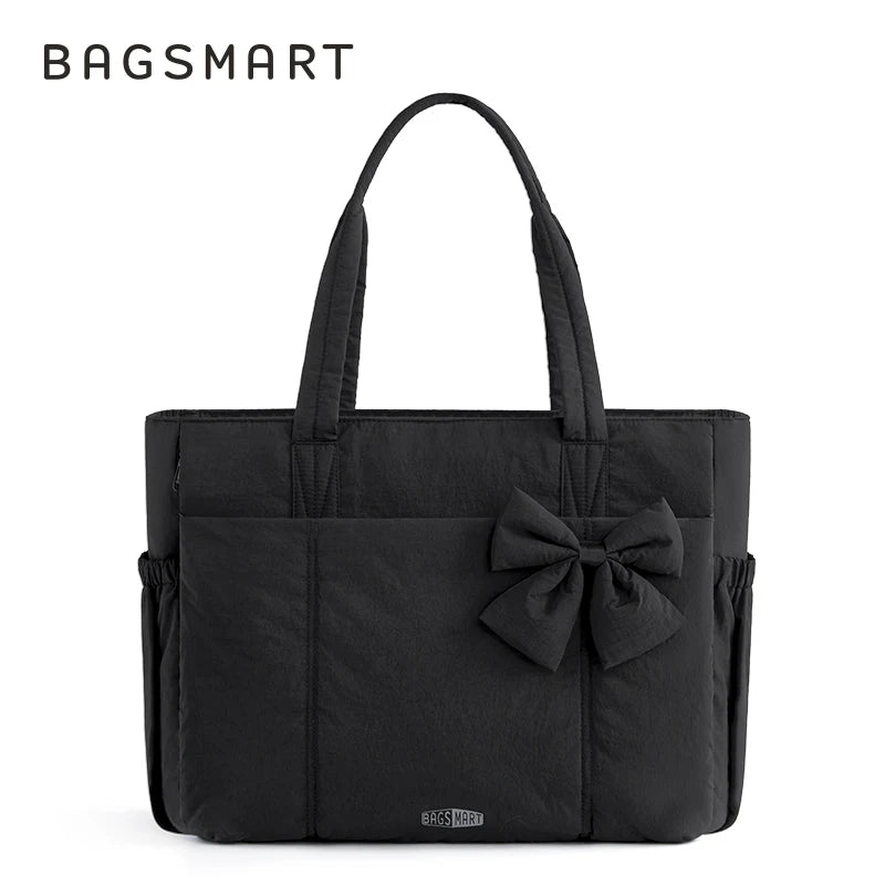 BAGSMART Padded Tote Bag With Bow Casual Quilted Padded Women Shoulder Bags Fit 15.6in Laptop Large Capacity Yoga Gym Bags