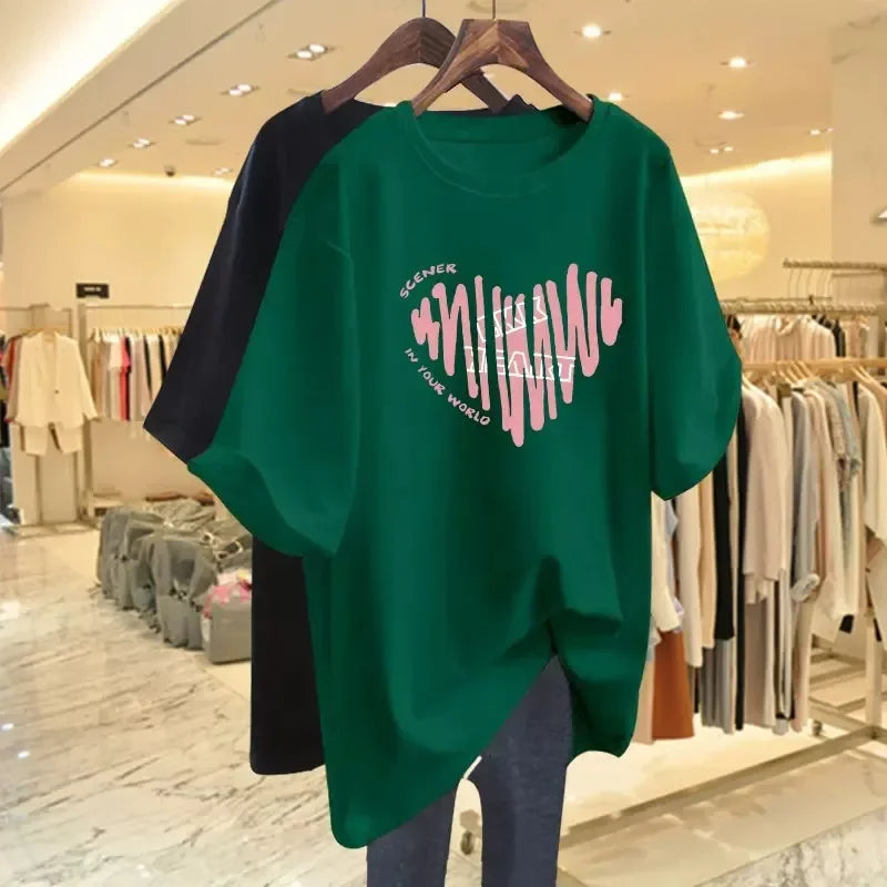 Pink Women's T-shirt Short Sleeve Medium-length Loose-fit Printing Heart Design European Style Casual Wear