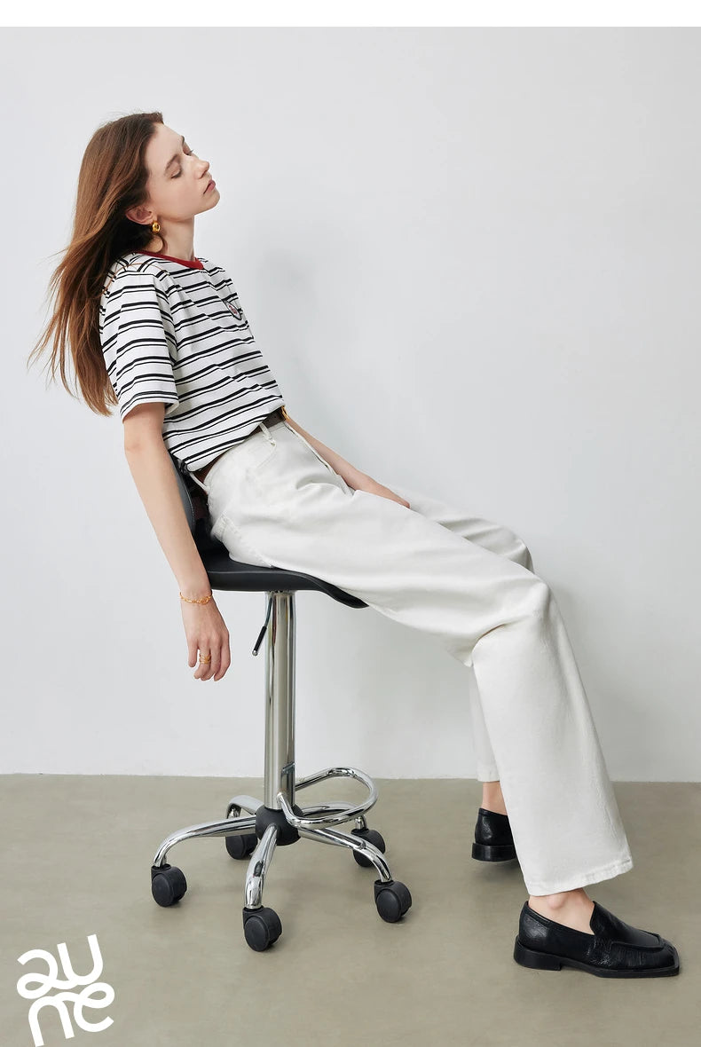 TOYOUTH Women Striped Short Sleeved T-shirt 2024 Summer New Academy Style Round Neck Top