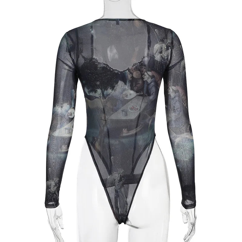 Goth Dark 90s Retro Print Mesh Long Sleeve Skinny Bodysuits Cyber Y2K Sheer Tops Women Gothic Lace Patchwork Bodysuit Streetwear