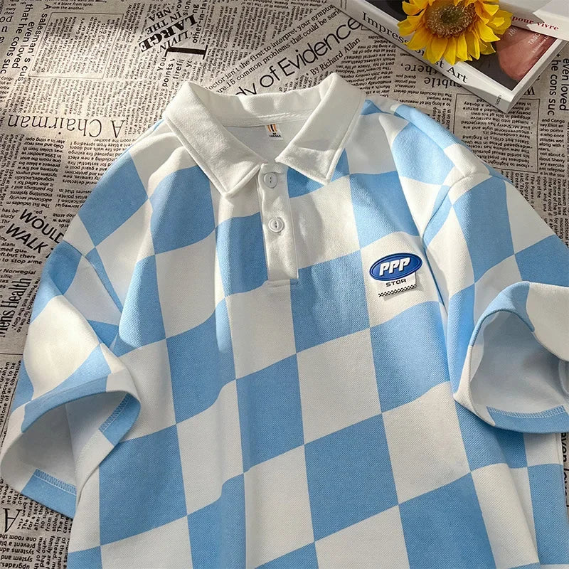 Vintage Preppy Style American Fashion Polo Shirt Men's Half Sleeve Casual Lapel Checkered Pattern T-shirt For Summer